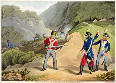 Un soldado británico capturando a dos oficiales franceses en la Batalla de los Pirineos, grabado por Matthew Dubourg (fl.1813-20) de 